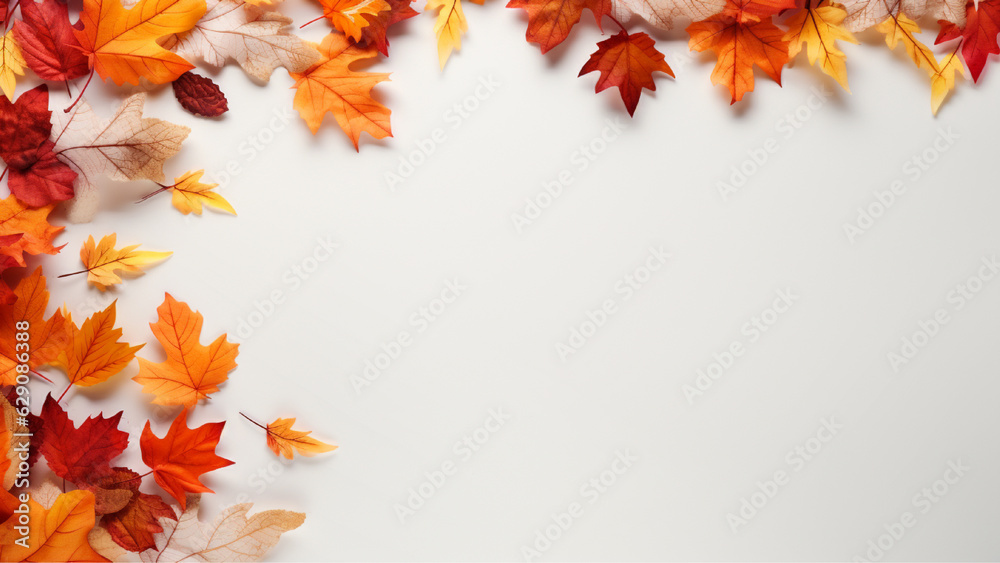 Top View  White Table with Autumn Leaves