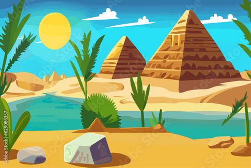 Cartoon desert with ancient Egyptian pyramids and Nile river. Vector illustration of sandy landscape with stones and green plants near blue water, sun shining brightly in sky over pharaoh tombs