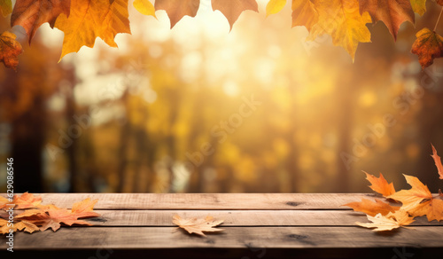 Autumn Elegance. An Autumn Background on a Wooden Table with Scattered Leaves. Cozy Season Concept 