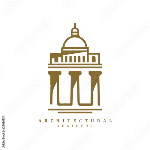 Vintage golden ancient museum pillar logo design. Historical Greek building logo vector