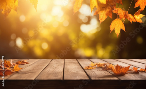 Autumn Elegance. An Autumn Background on a Wooden Table with Scattered Leaves. Cozy Season Concept 