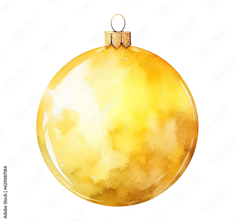 Watercolor illustration of yellow Christmas ball isolated on transparent background