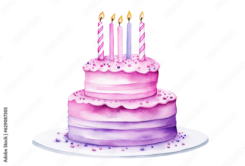 Watercolor illustation of birthday cake with candles isolated on ...