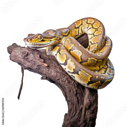 A large yellow and brown snake on a tree branch. isolated on white. Transparent PNG. Generative AI photo