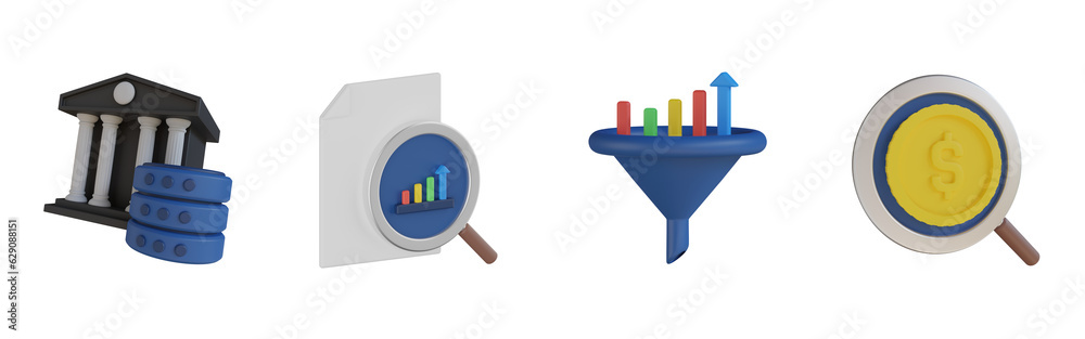 3d bank database, report analysis, bar chart filter, dollar coin search ...