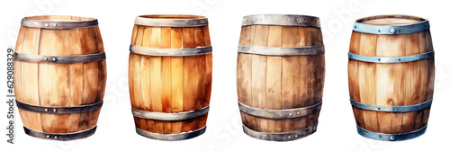 Fotomurale Watercolor illustration of wooden barrels isolated on transparent background