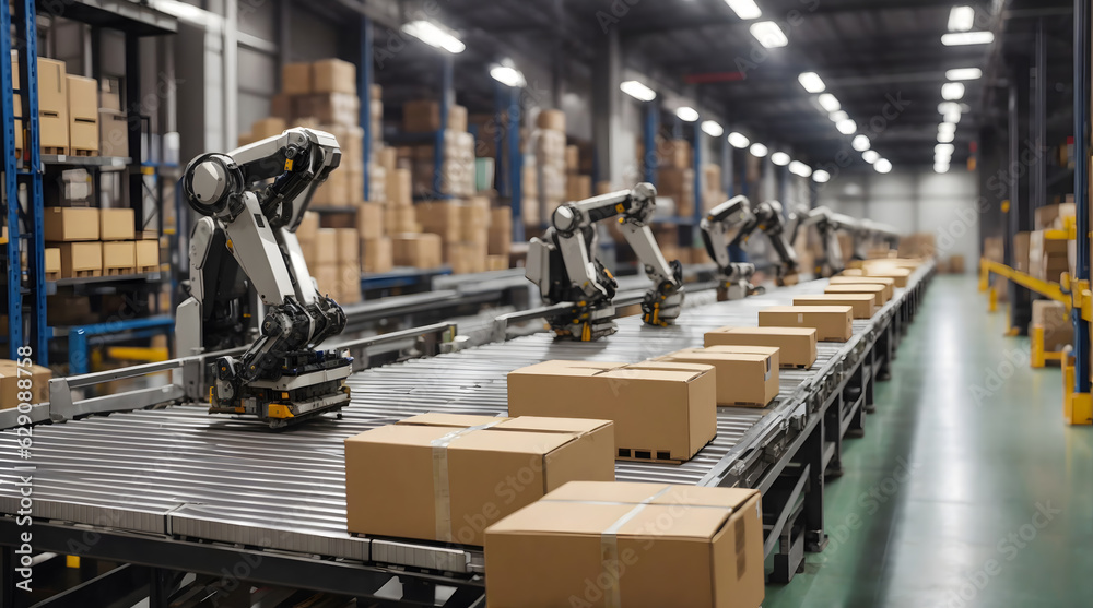 ロボットアームが倉庫で段ボール箱を仕分けている｜Many robotic arms are sorting cardboard boxes in a warehouse. Generative AI