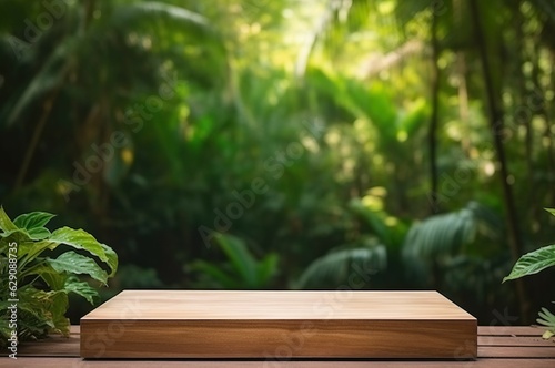 3D illustration of round bare wood product platform in natural green tropical leaf forest with natural light blurred and soft.