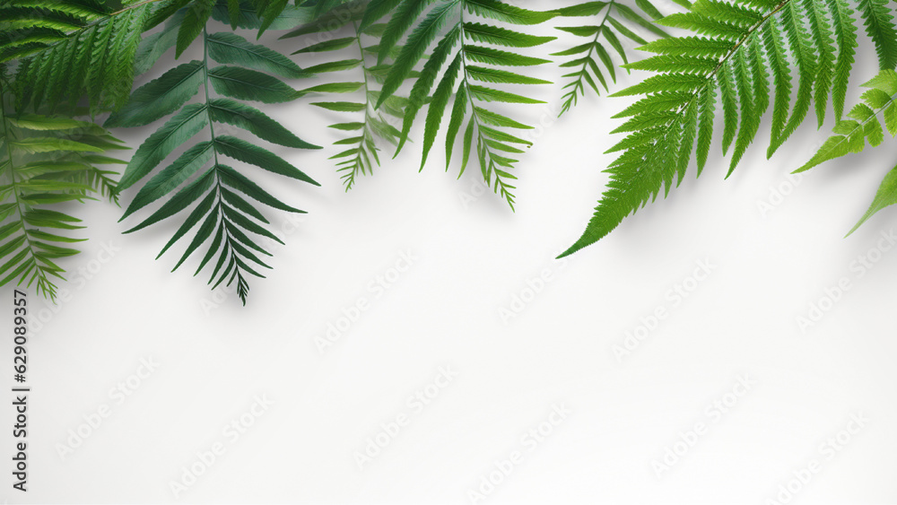 Top View White Table Workspace with Green Fern Leaves