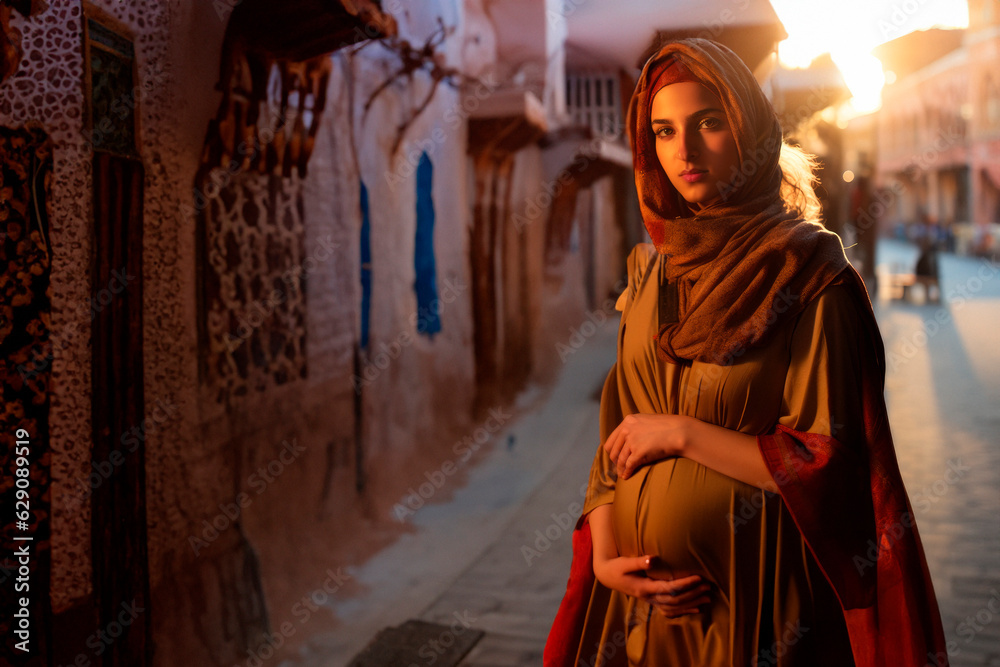 Pregnant at Sunset. Muslim Woman Walking on the Street at Sunset. AI Generative 