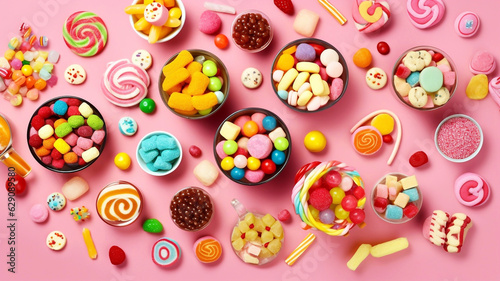 Halloween candies on pink background, top view. Space for text photo