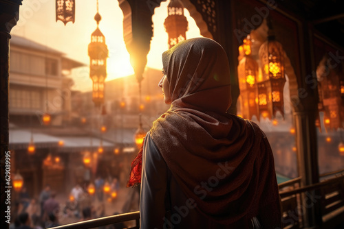 Cultural Grace. Islamic Woman Enjoying a Sunset Walk on the Street. AI Generative