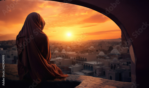 Spiritual Reflection. Muslim Woman Appreciating the Sunset on City Hills. AI Generative