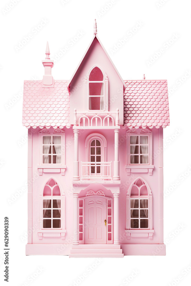 pink wooden dollhouse isolated on transparent background, generative ai
