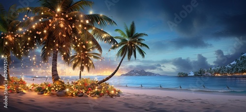 Decorated palm tree with bright Christmas lights and ornaments on a beautiful tropical beach. Concept of a festive summer holiday.