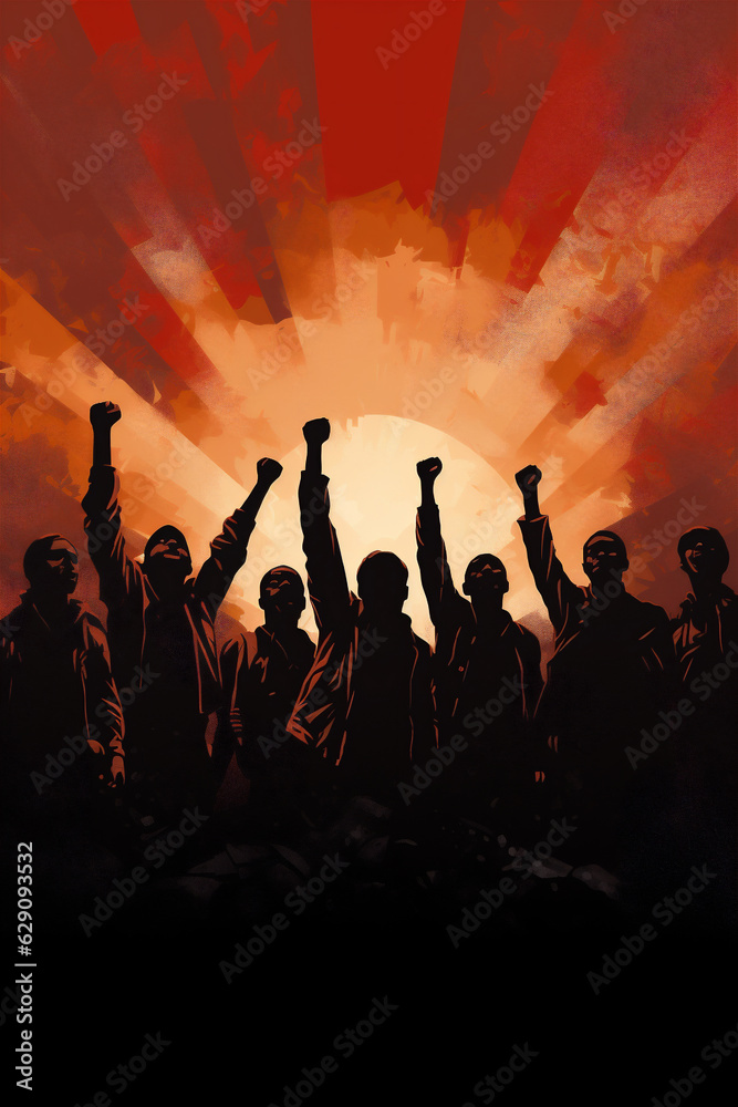 Silhouetted Men and Women Holding Fists in the Air, Representing Solidarity, Painting, Generative AI