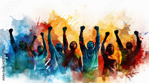 Silhouetted Men and Women Holding Fists in the Air, Representing Solidarity, Vibrant Watercolor Painting, Generative AI photo