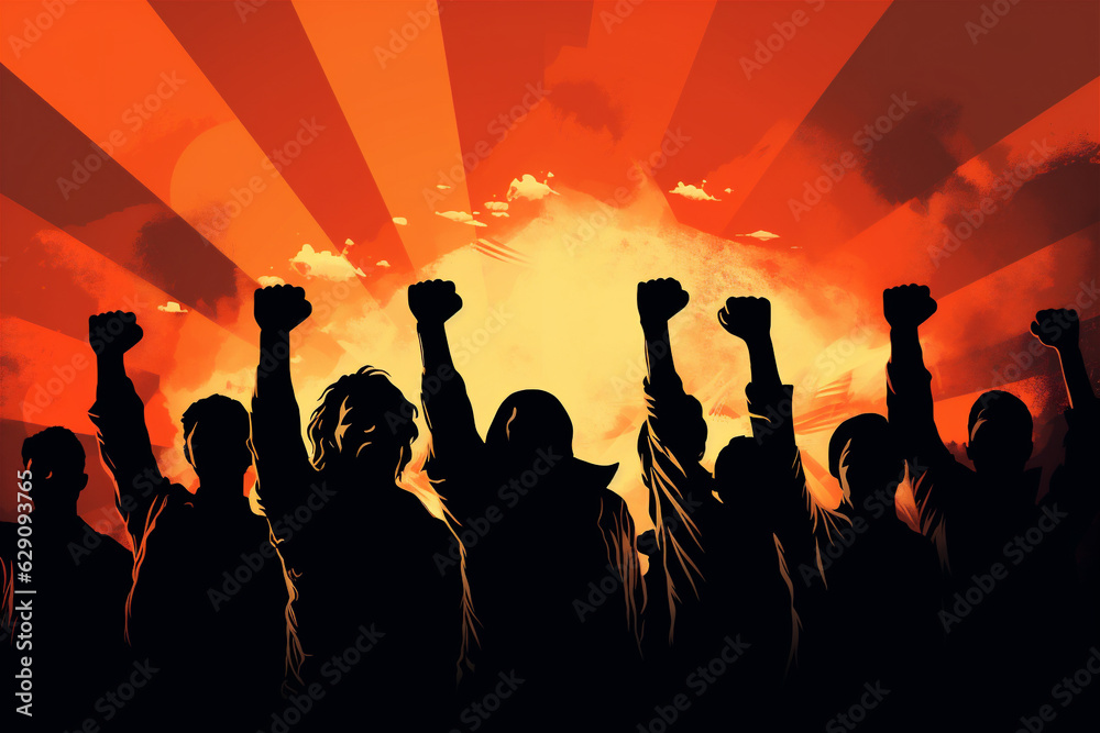 Silhouetted Men and Women Holding Fists in the Air, Representing Solidarity, Painting, Generative AI Silhouetted Men and Women Holding Fists in the Air, Representing Solidarity, Painting, Generative AI
