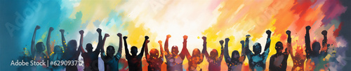 Silhouetted Men and Women Holding Fists in the Air, Representing Solidarity, Vibrant Watercolor Painting, Generative AI