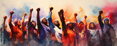 Silhouetted Men and Women Holding Fists in the Air, Representing Solidarity, Vibrant Watercolor Painting, Generative AI © HRTNT Media