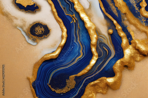 Blue and golden acrylic liquid ink swirl abstract background with ravishing turbulence wavy pattern and detailed texture. Luxury fluid liquid art by Generative AI.