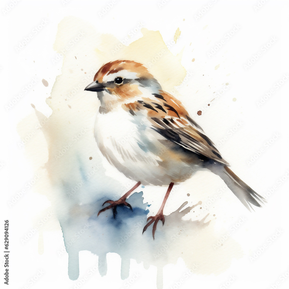Watercolor Painting of a Small Bird, Generative AI