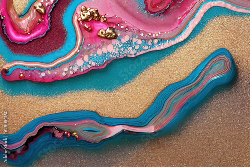 Pink and teal acrylic color liquid ink swirl abstract background with ravishing turbulence wavy pattern and detailed texture. Colorful and realistic dynamic texture by Generative AI.