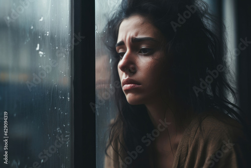 Sad girl near window thinking about something