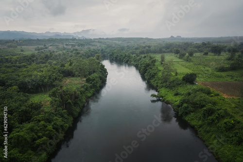 Top view from a drone on river Kwai in the province Kanchanaburi of Thailand. Beautiful landscapes of Thailand