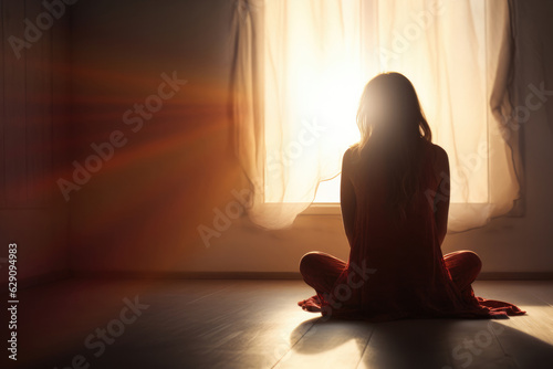 Unhappy lonely depressed woman at home, she is sitting in empty room sunset, depression concept