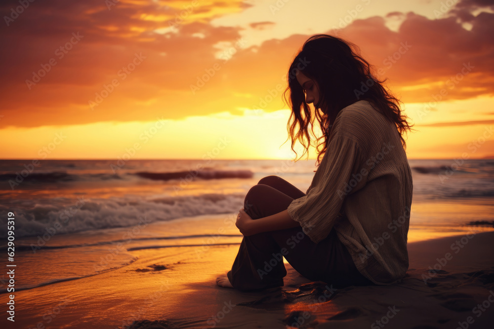 Unhappy lonely depressed woman, she is sitting on the beach at sunset, depression concept