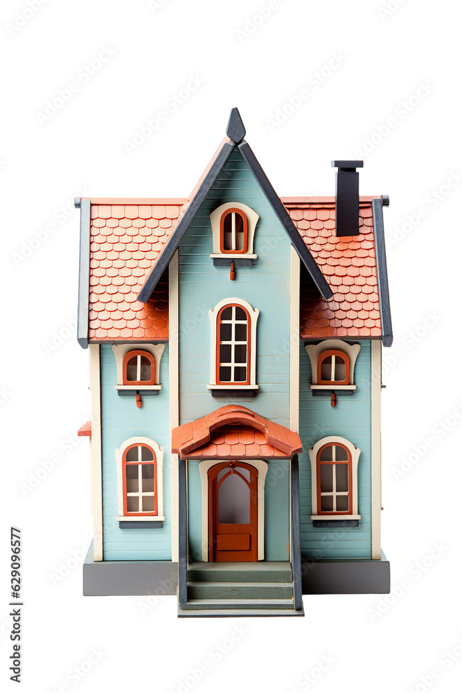 colorful painted wooden dollhouse isolated on a transparent background, generative ai