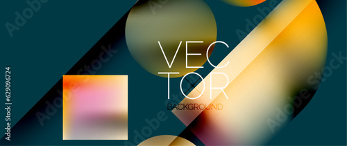 Squares and circles design. Fluid color gradients with metallic effects. Serene synergy of shapes, merging squares and circles into harmonious, captivating design