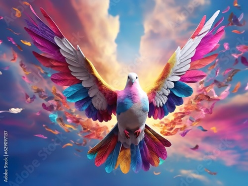 A dove soaring through a sky of vibrant colors of International Day of Peace