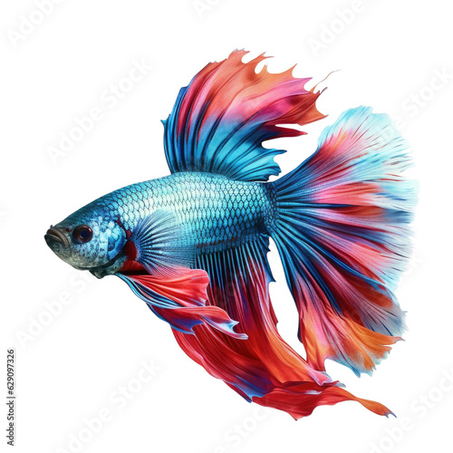 A blue and red fish with a white background. Isolated on white. Transparent PNG. Generative AI
