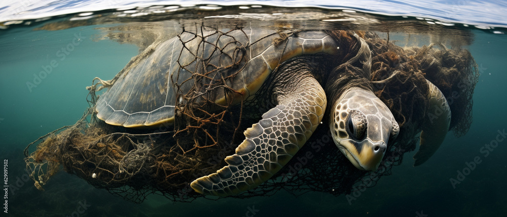 A turtle caught in marine debris and dying. - obrazy, fototapety, plakaty 