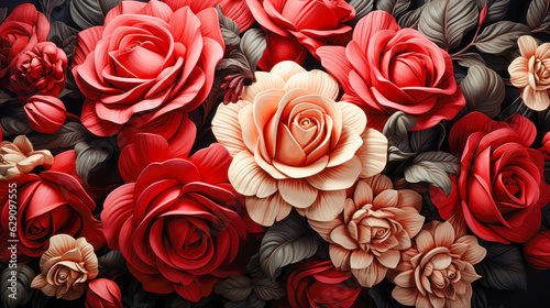 Floral Background with Red and Pink Roses on Black Beautiful Bouquet Illustration AI Generative