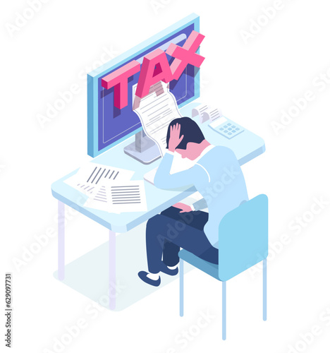 isometric illustration of People who have trouble paying taxes working on laptop