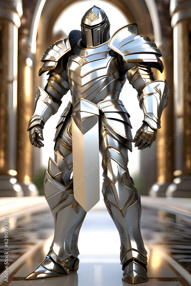 stands tall donning a magnificent high armored suit in silver