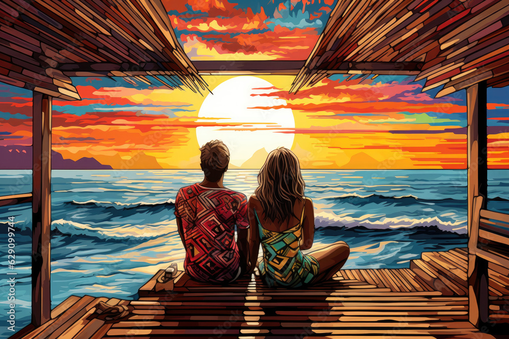 Painting of a Couple chilling and enjoying beautiful views over the ocean, paradisiac beach, sunday morning, ai generative	