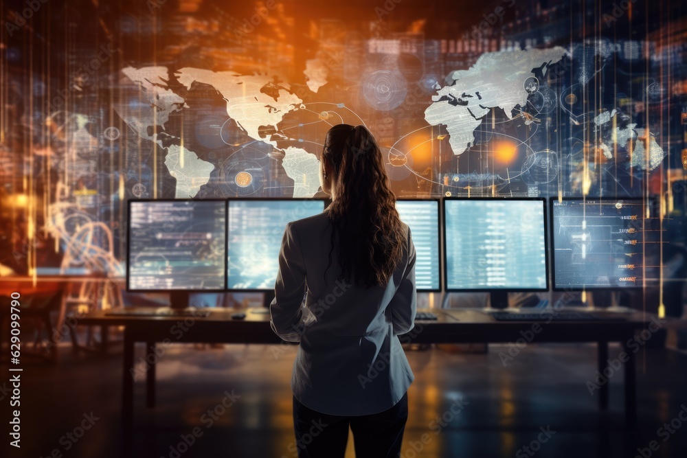 Business people analysis big data statistic using interface futuristic technology. Generative AI Business people analysis big data statistic using interface futuristic technology. Generative AI