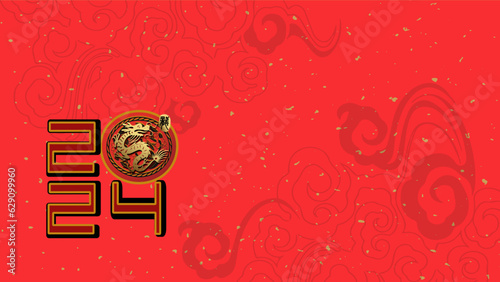 A golden dragon inside a round frame with floral pattern and the word "Dragon" aside, round golden dragons and numbers form the year 2024, with clouds in Chinese style on a red background, vector