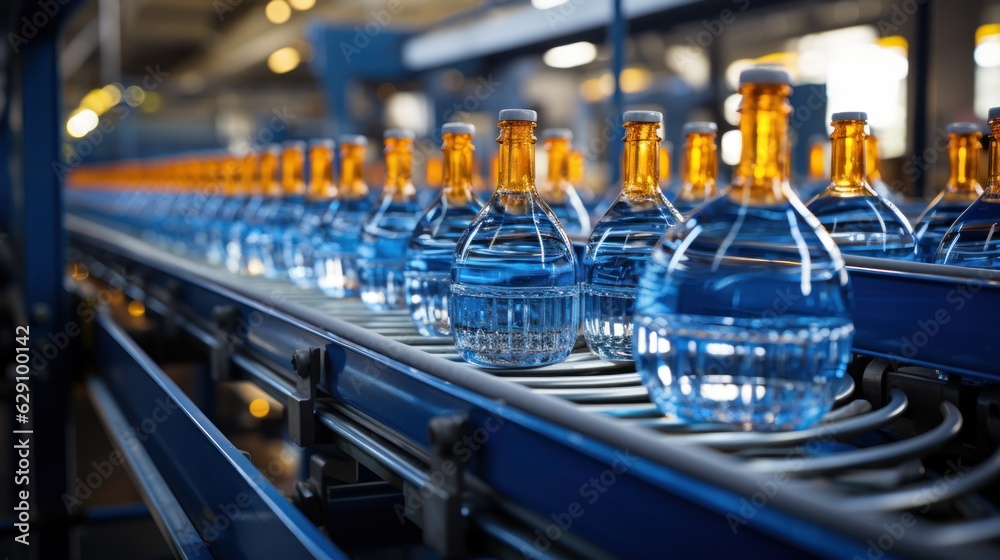 Conveyor belt with juice bottles on beverage factory interior in blue color. Conveyor belt with juice bottles on beverage factory interior in blue color.