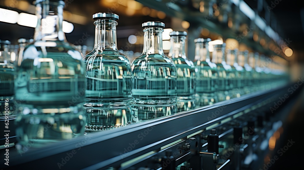 Conveyor belt with juice bottles on beverage factory interior in blue color.