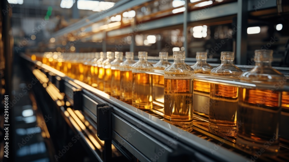 Conveyor belt for juice bottles inside a beverage factory Conveyor belt for juice bottles inside a beverage factory
