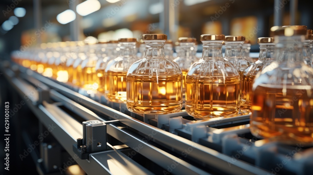 Conveyor belt for juice bottles inside a beverage factory