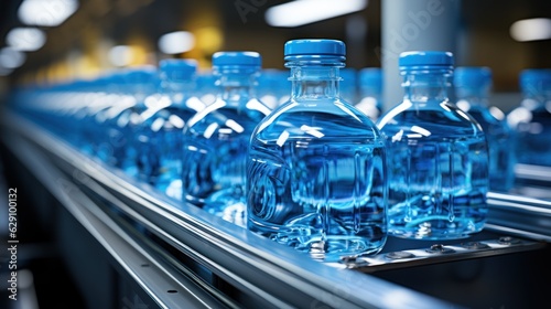 Conveyor belt with juice bottles on beverage factory interior in blue color.