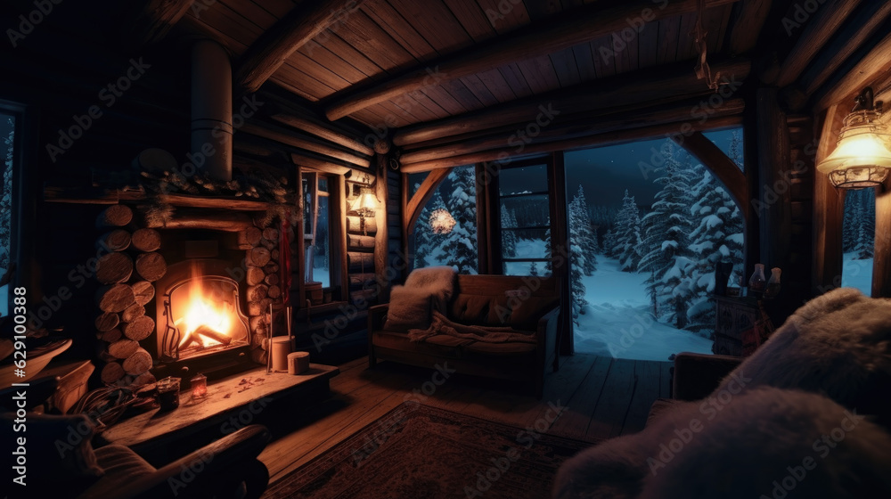 Nordic Coziness: Relaxing in a Norwegian Wood Cabin with Fireplace as Night Falls. - obrazy, fototapety, plakaty 