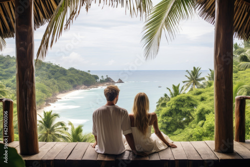 Couple in love chilling and enjoying beautiful views over the ocean, paradisiac beach, sunday morning, ai generative  © Mr. Bolota