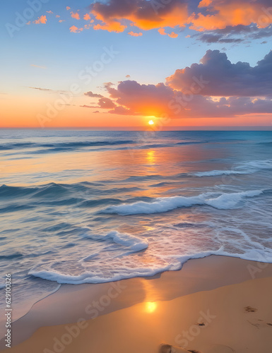 Tranquility of a secluded beach at sunset, the vast ocean and colorful sky captured with a wide-angle lens. Gentle waves and golden light create a serene and peaceful atmosphere, inviting viewers to e
